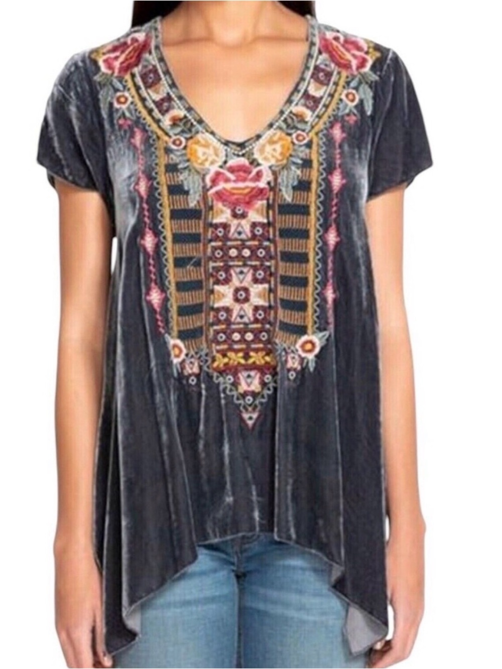 Johnny Was Cherelle Velvet Embroidered V-Neck Drape Tunic with Floral Detail